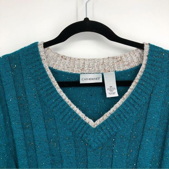 Catherines Sweater Teal V Neck Speckled Knit 3X Womens - Picture 4 of 8